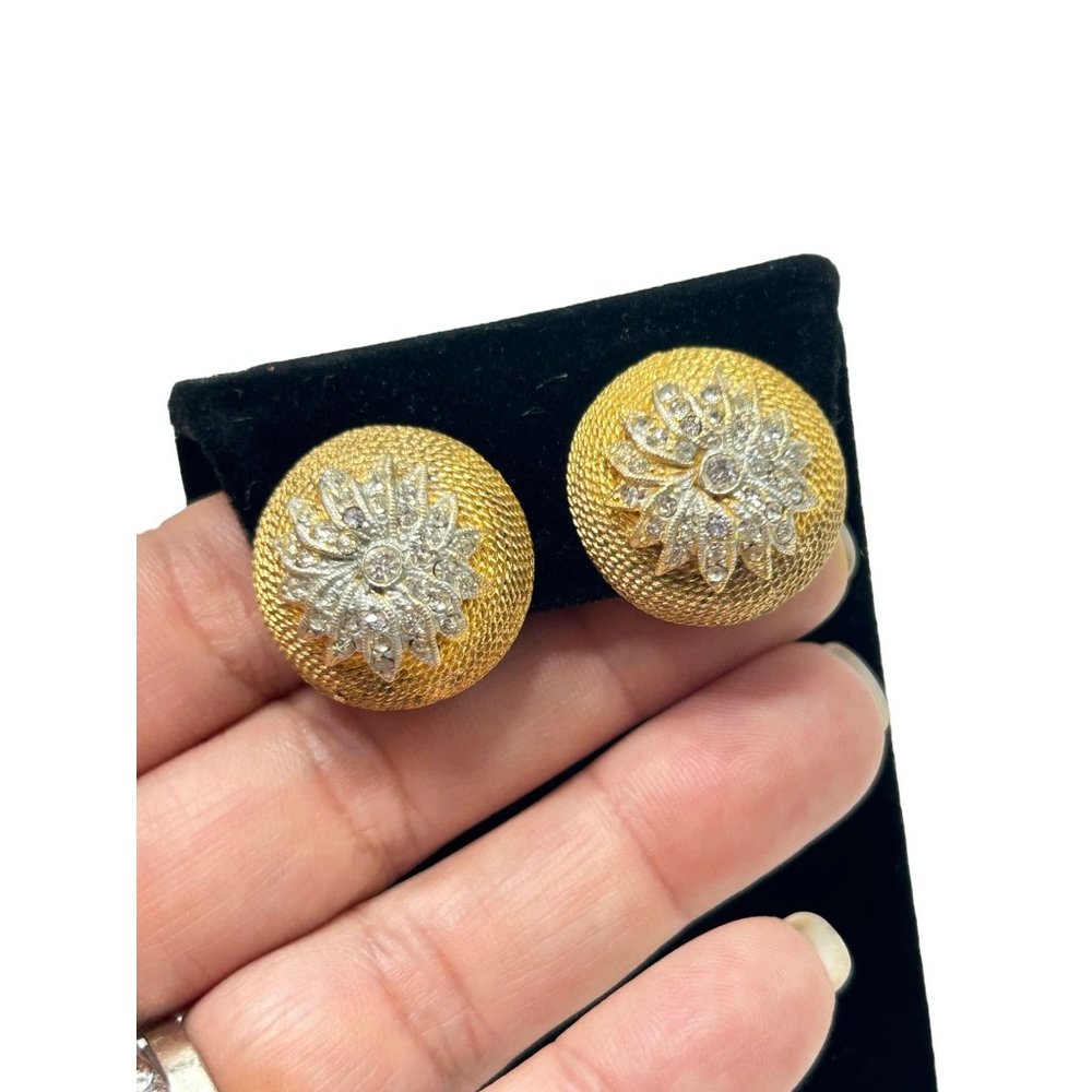 Vintage Signed CORO Clip On Earrings Textured Domed Rhinestones Classic Elegant